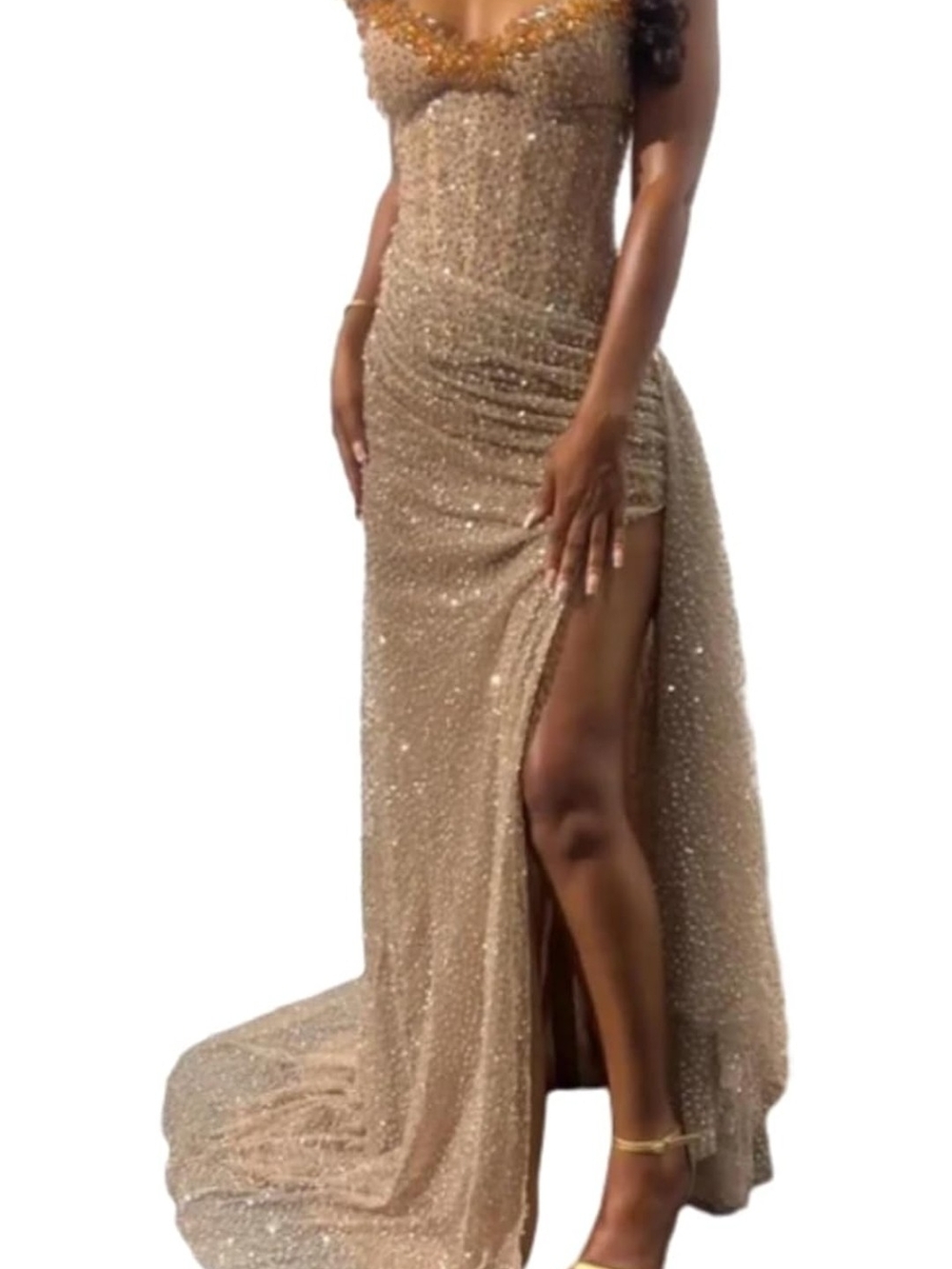 Elegant Gold-Beige Sequin Evening Gown with High Slit